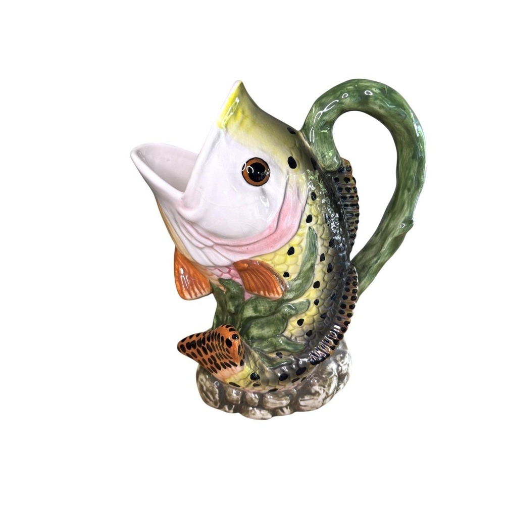 Vintage Majolica-Style Fish Head Vase Pitcher Painted Ceramic‎ KOI CARP